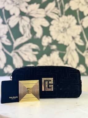 Balmain Black Velvet Logo Cosmetic Bag & Gold Mirror w/Pouch NWT